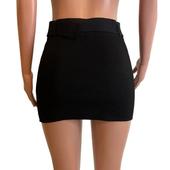 Gauge 81 Nina Mini Skirt Womens S Black Ribbed Knit Bodycon Belted Clubwear