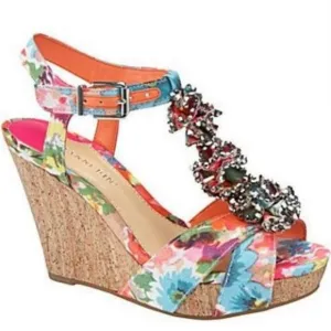 Gianni Bini EUC Floral Embellished Cork Wedge Sandals Metallic Ruffles Size 9 M