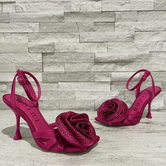 Gianni Bini Iman Rhinestone Rose Square Toe Dress Sandals Berry/Wine Size 8 NEW