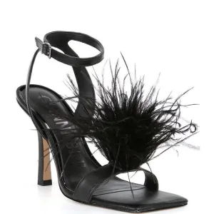Gianni Bini Neela Feather Heels Black Size 6 Square Toe Strappy Dress Sandals