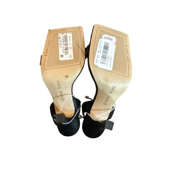 Gianni Bini Neela Feather Heels Black Size 6 Square Toe Strappy Dress Sandals