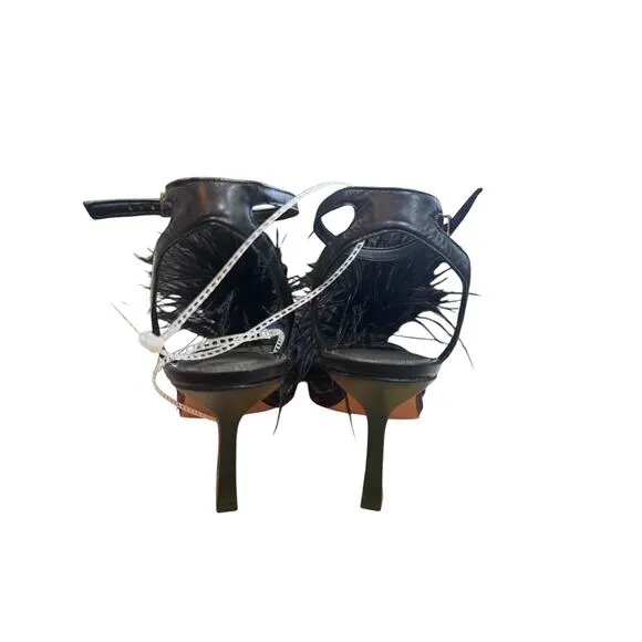 Gianni Bini Neela Feather Heels Black Size 6 Square Toe Strappy Dress Sandals