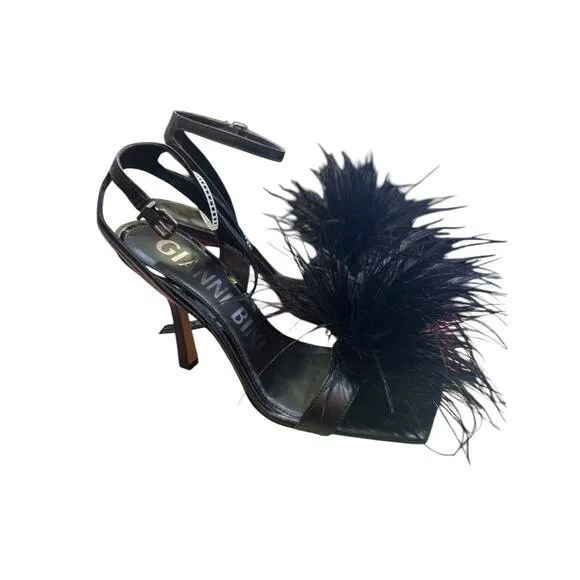 Gianni Bini Neela Feather Heels Black Size 6 Square Toe Strappy Dress Sandals