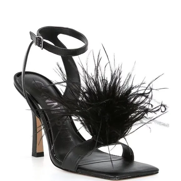 Gianni Bini Neela Feather Heels Black Size 6 Square Toe Strappy Dress Sandals