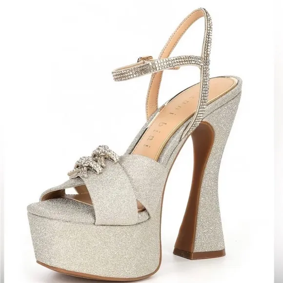 GIANNI BINI NEW DEMPSEYGLITTER RHINESTONE BOW PLATFORM DRESS SANDAL Size 6