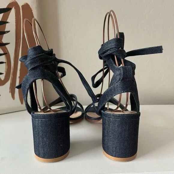 Gianvito Rossi Janis Dark Blue Denim Strappy Lace Up Block Heel Sandals Size 39