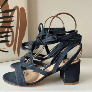 Gianvito Rossi Janis Dark Blue Denim Strappy Lace Up Block Heel Sandals Size 39