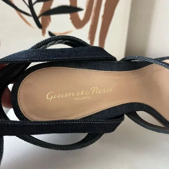 Gianvito Rossi Janis Dark Blue Denim Strappy Lace Up Block Heel Sandals Size 39