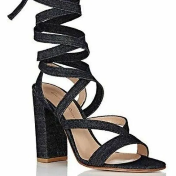 Gianvito Rossi Janis Dark Blue Denim Strappy Lace Up Block Heel Sandals Size 39