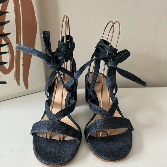 Gianvito Rossi Janis Dark Blue Denim Strappy Lace Up Block Heel Sandals Size 39