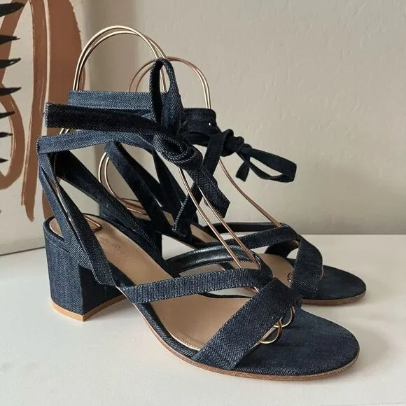 Gianvito Rossi Janis Dark Blue Denim Strappy Lace Up Block Heel Sandals Size 39