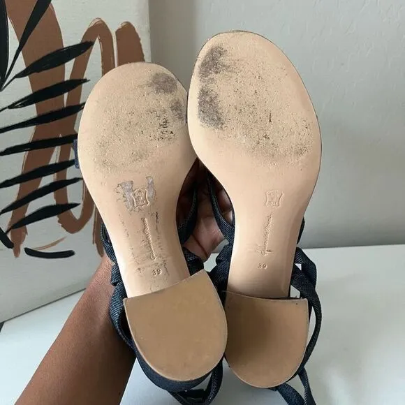 Gianvito Rossi Janis Dark Blue Denim Strappy Lace Up Block Heel Sandals Size 39