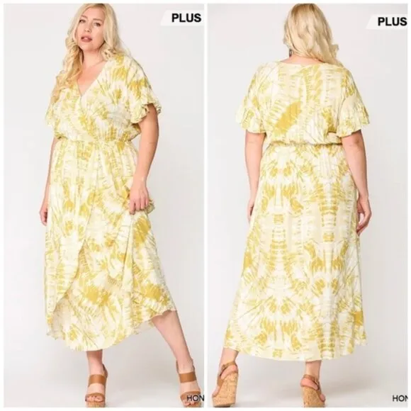 Gigio | Sunburst Golden Tie Dye Peek A Boo Slit Surplice Maxi Dress New 2XL Plus