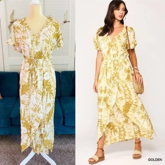 Gigio | Sunburst Golden Tie Dye Peek A Boo Slit Surplice Maxi Dress New 2XL Plus