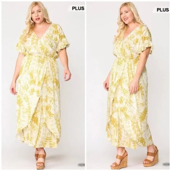Gigio | Sunburst Golden Tie Dye Peek A Boo Slit Surplice Maxi Dress New 2XL Plus