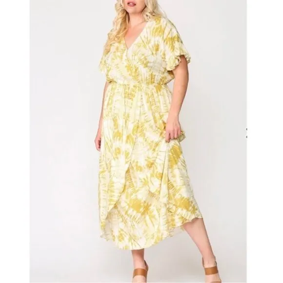 Gigio | Sunburst Golden Tie Dye Peek A Boo Slit Surplice Maxi Dress New 2XL Plus