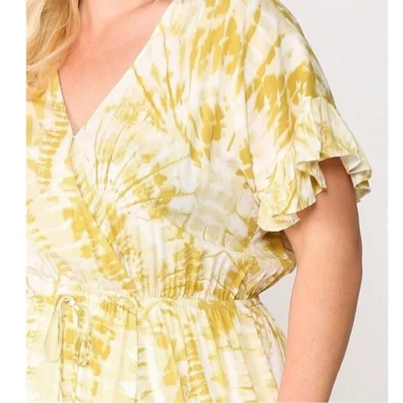 Gigio | Sunburst Golden Tie Dye Peek A Boo Slit Surplice Maxi Dress New 2XL Plus