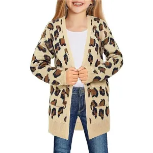 Girl's Casual Open Front Long Cardigan Sweaters with Pockets, Leopard Khaki