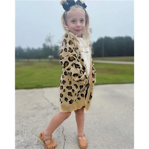 Girl's Casual Open Front Long Cardigan Sweaters with Pockets, Leopard Khaki