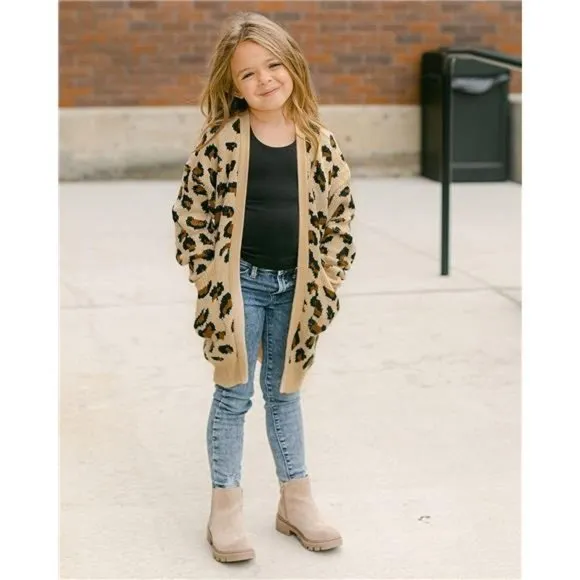 Girl's Casual Open Front Long Cardigan Sweaters with Pockets, Leopard Khaki