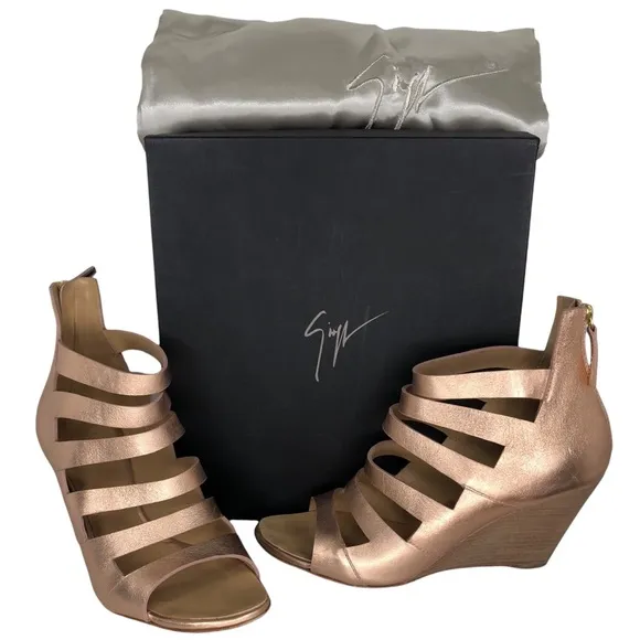 Giuseppe Zanotti Metallic Rose Gold Strappy Cutout Wedge Leather Sandals