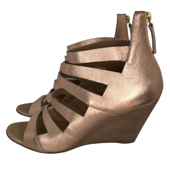 Giuseppe Zanotti Metallic Rose Gold Strappy Cutout Wedge Leather Sandals