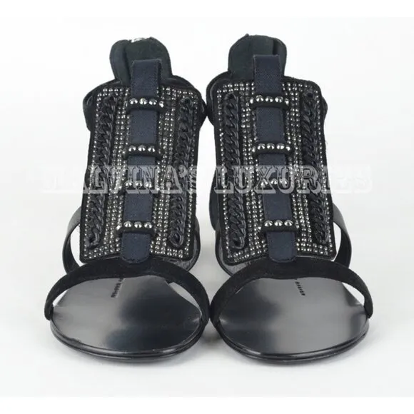 GIUSEPPE ZANOTTI SHOES FLAT BLACK SUEDE CRYSTAL &amp; CHAIN SANDALS sz 37.5 / 7