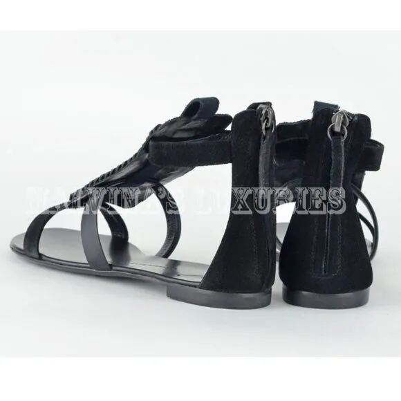 GIUSEPPE ZANOTTI SHOES FLAT BLACK SUEDE CRYSTAL &amp; CHAIN SANDALS sz 37.5 / 7