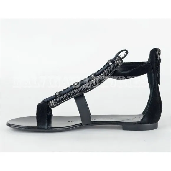 GIUSEPPE ZANOTTI SHOES FLAT BLACK SUEDE CRYSTAL &amp; CHAIN SANDALS sz 37.5 / 7