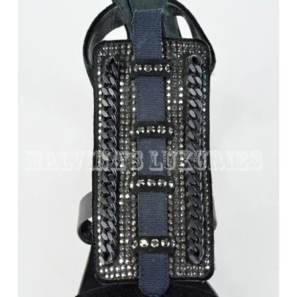 GIUSEPPE ZANOTTI SHOES FLAT BLACK SUEDE CRYSTAL &amp; CHAIN SANDALS sz 37.5 / 7