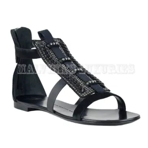 GIUSEPPE ZANOTTI SHOES FLAT BLACK SUEDE CRYSTAL &amp; CHAIN SANDALS sz 37.5 / 7