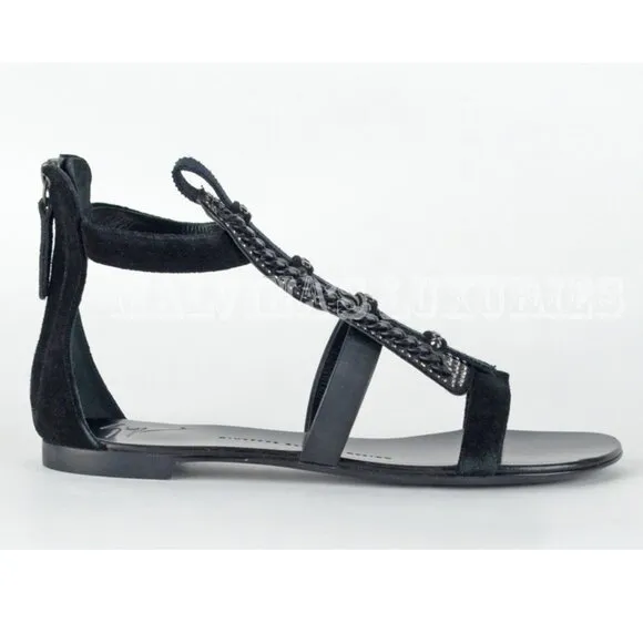 GIUSEPPE ZANOTTI SHOES FLAT BLACK SUEDE CRYSTAL &amp; CHAIN SANDALS sz 37.5 / 7