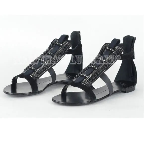 GIUSEPPE ZANOTTI SHOES FLAT BLACK SUEDE CRYSTAL &amp; CHAIN SANDALS sz 37.5 / 7