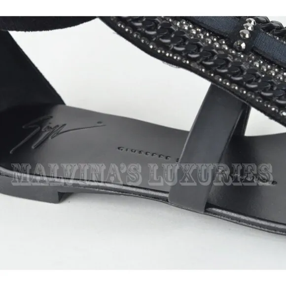 GIUSEPPE ZANOTTI SHOES FLAT BLACK SUEDE CRYSTAL &amp; CHAIN SANDALS sz 37.5 / 7