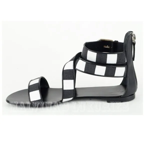 GIUSEPPE ZANOTTI SHOES GLADIATOR CANVAS &amp; LEATHER BLACK &amp; WHITE