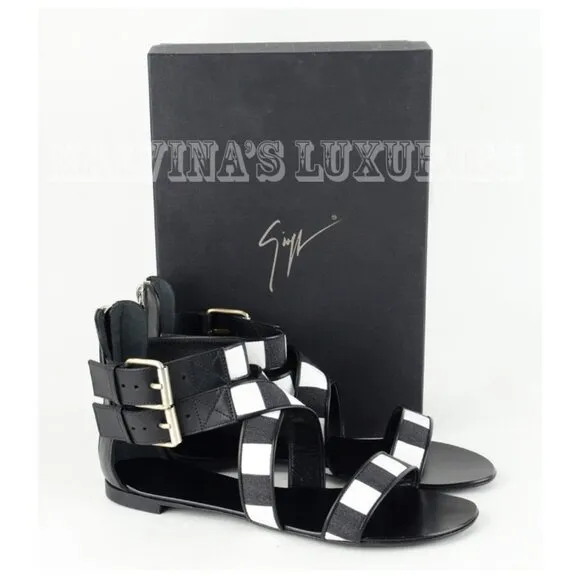 GIUSEPPE ZANOTTI SHOES GLADIATOR CANVAS &amp; LEATHER BLACK &amp; WHITE
