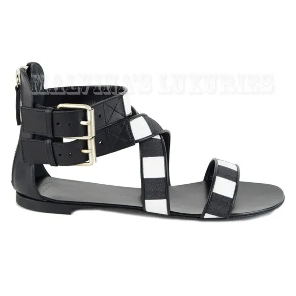 GIUSEPPE ZANOTTI SHOES GLADIATOR CANVAS &amp; LEATHER BLACK &amp; WHITE