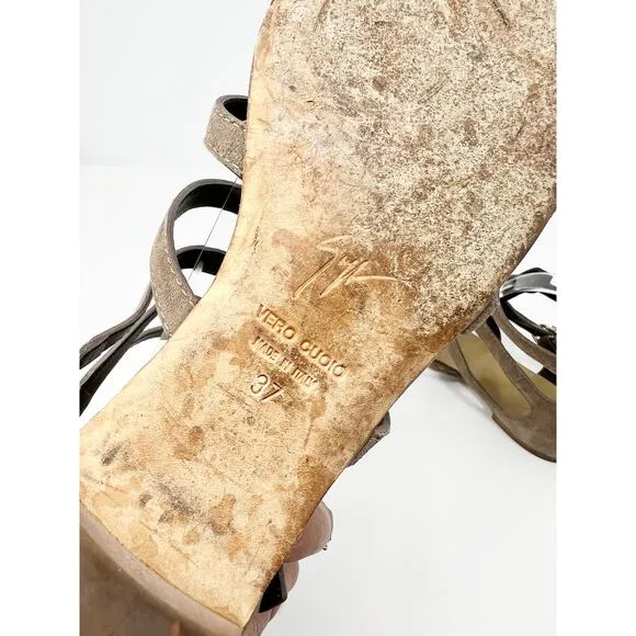 Giuseppe Zanotti Short Ankle Strappy Gladiator Flat Cage Sandals Taupe Tan EU 37