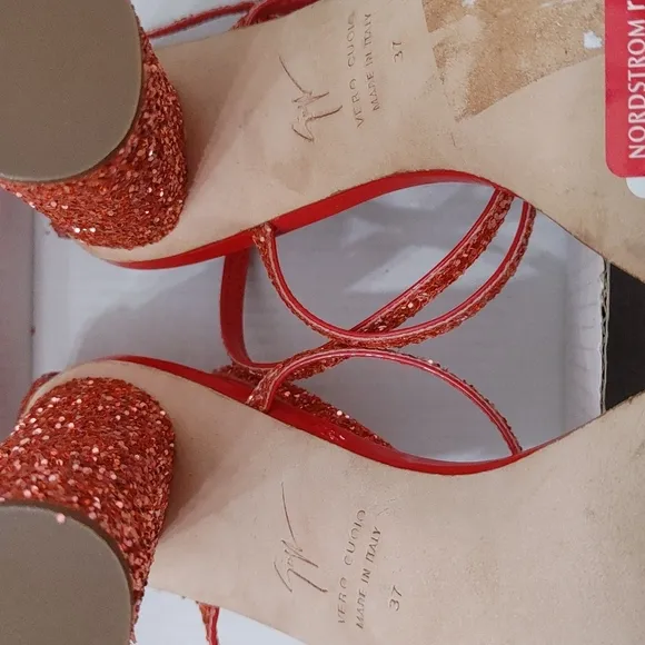 Giuseppe Zanotti Tara Glitter Strappy Heels in Orange Sz 37