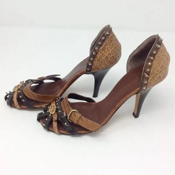 Giuseppe Zanotti Y2K Studded Brown Leather Caged  Heeled Sandals 35.5