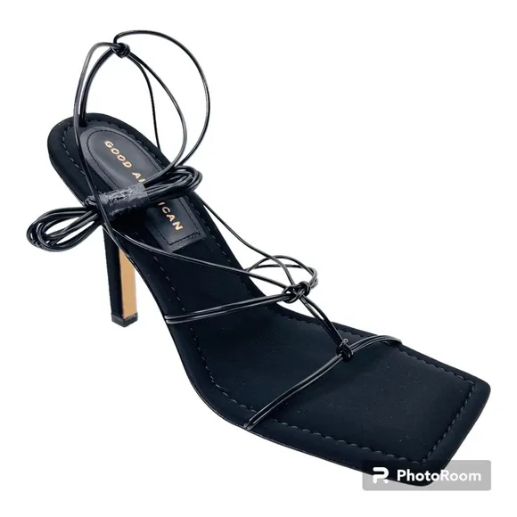 Good American Black Neoprene Caged Slanted Strappy Square Toe Heeled Sandal