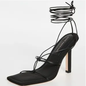 Good American Black Neoprene Caged Slanted Strappy Square Toe Heeled Sandal