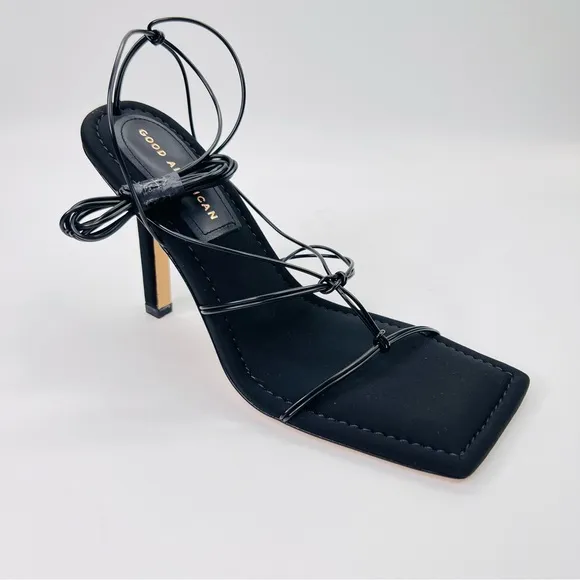 Good American Black Neoprene Caged Slanted Strappy Square Toe Heeled Sandal