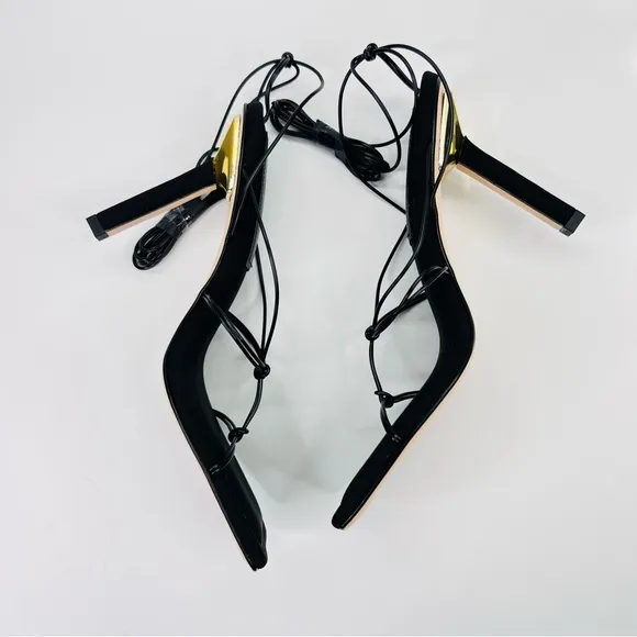 Good American Black Neoprene Caged Slanted Strappy Square Toe Heeled Sandal