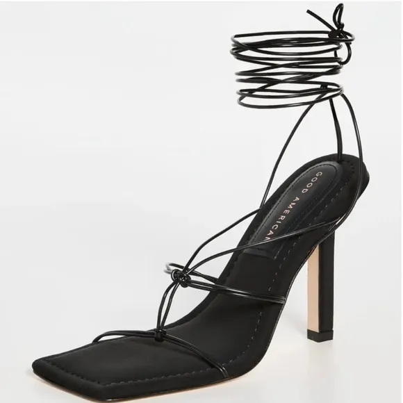 Good American Black Neoprene Caged Slanted Strappy Square Toe Heeled Sandal
