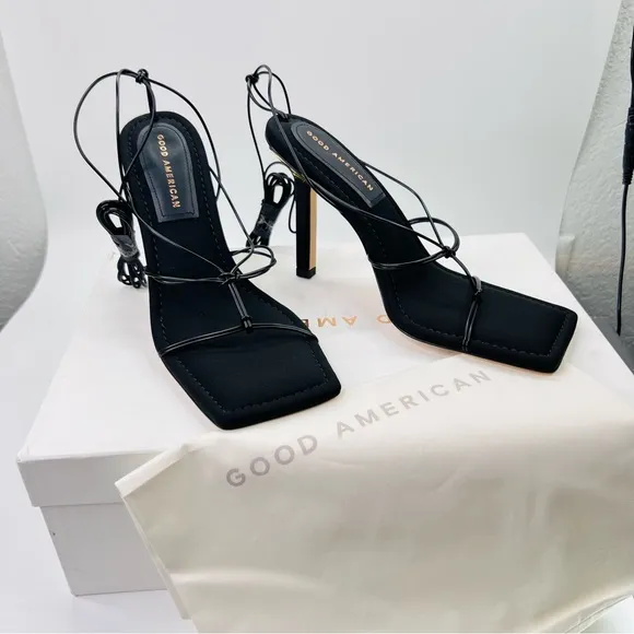 Good American Black Neoprene Caged Slanted Strappy Square Toe Heeled Sandal