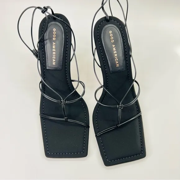Good American Black Neoprene Caged Slanted Strappy Square Toe Heeled Sandal