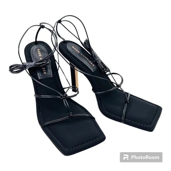 Good American Black Neoprene Caged Slanted Strappy Square Toe Heeled Sandal