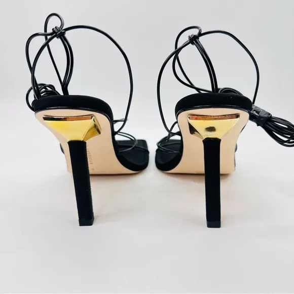 Good American Black Neoprene Caged Slanted Strappy Square Toe Heeled Sandal
