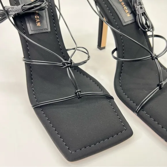 Good American Black Neoprene Caged Slanted Strappy Square Toe Heeled Sandal
